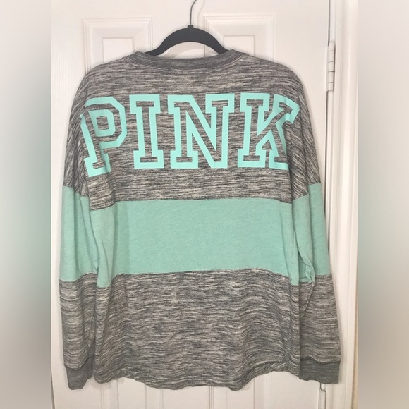 Victoria's Secret PINK Gray and Mint Green Long Sleeve Crew Neck Sweatshirt - Picture 3 of 4